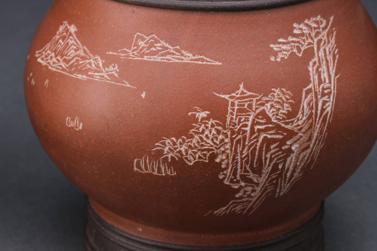 【SBCB】1969中国宜興在銘 紫砂漢詩風景文花瓶一対 原文:【SBCB】1969中国宜興在銘 紫砂漢詩風景文花瓶一対