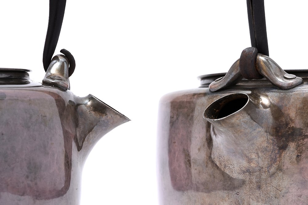     原文:【夢工房】北村 静香 作 口打出 南鐐 （純銀） 鉄釣提手 鉄環摘蓋 平丸形瓶 湯沸 銀瓶 共箱　433ｇ　　D581