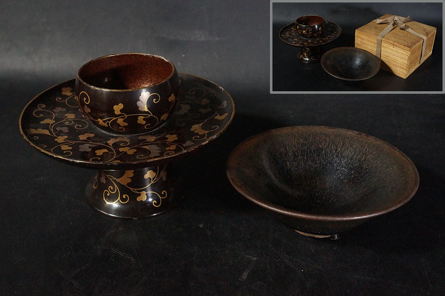     原文:32F16●中国古玩 天目茶碗 蒔絵唐草文天目台付●茶道具/建盞/禾目天目/漆芸/茶器/建窯/唐物