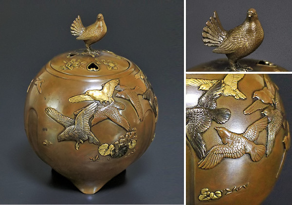    原文:【TAKIYA】 高岡銅器 『 蝋型鋳銅鳥文香炉 』 赤銅 黄銅 金銀象嵌 茶道具 約900g 金工名品 超絶技巧
