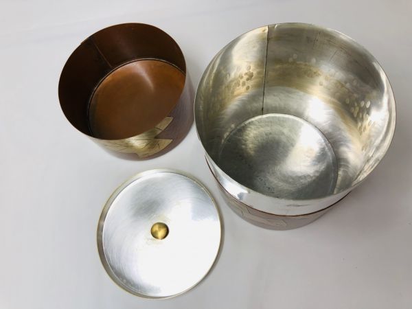 原文:玉川堂 葉文 銅製茶器 茶筒 茶托 鎚起銅器 煎茶道具 共箱 総重量965g 人間国宝 無形文化財