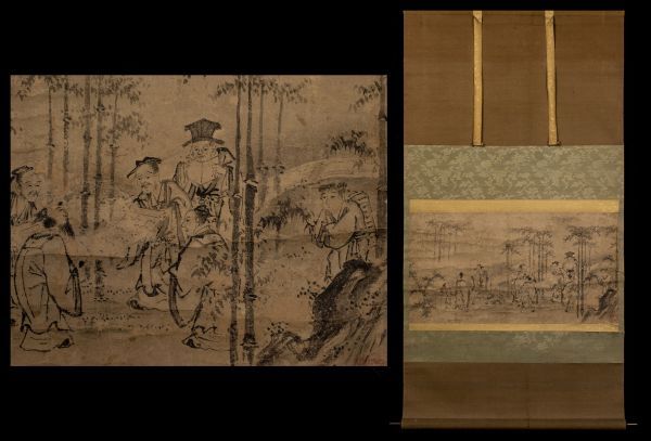 ◆萬勝◆M6058 紙本 狩野派賢人竹林図軸◇京都名家 蔵出し品 狩野派 狩野元信 墨蹟 水墨画 古画 竹林賢人 竹林 軸 掛軸