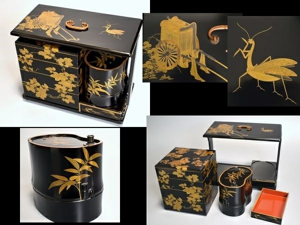 【愛】江戸~明治期 希少珍品蒔絵 御所車蟷螂金蒔絵野弁当 提げ重箱 伝世箱有 輪島塗 (716)