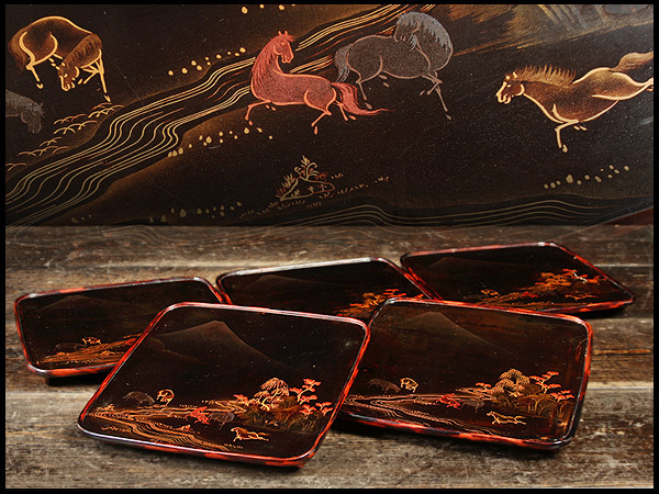 CI143 時代物 曙塗摺出富士山水馬蒔絵吸膳・曙塗摺出馬蒔絵角膳・曙塗摺出馬蒔絵一人膳・蒔絵会席膳・蒔絵懐石膳 五客 木箱附