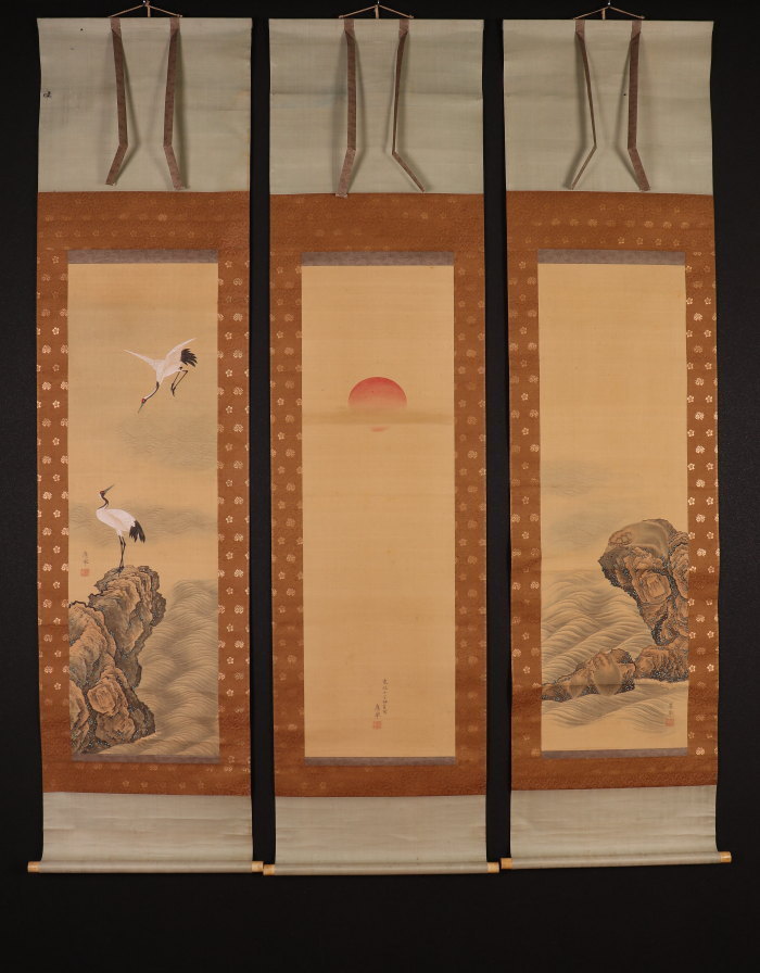 【模写】【一灯】t5559〈円山応挙〉三幅対 旭日鶴亀図 江戸時代 円山派の祖