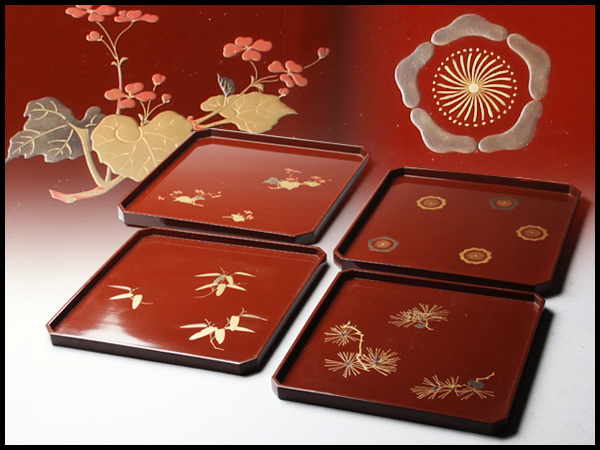 CI684 時代物 朱塗四君子蒔絵隅切入子盆・朱塗四君子蒔絵角隅切盆・四君子蒔絵隅切四方盆・四君子圖倭角盤 四点 木箱附