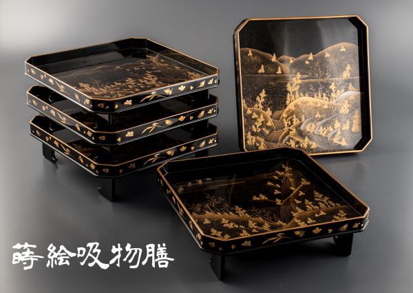 05889 極上輪島塗 本金時代蒔絵 図替梅松山絵 吸物膳 五客
