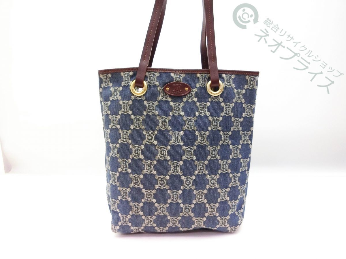 ◆S9174 CELINE セリーヌ マカダム柄 デニム × レザー トート バッグ 良品